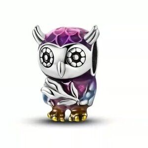 x1 925 Silver Plated Purple Enamel Smart Owl Flower Bead/Charm New